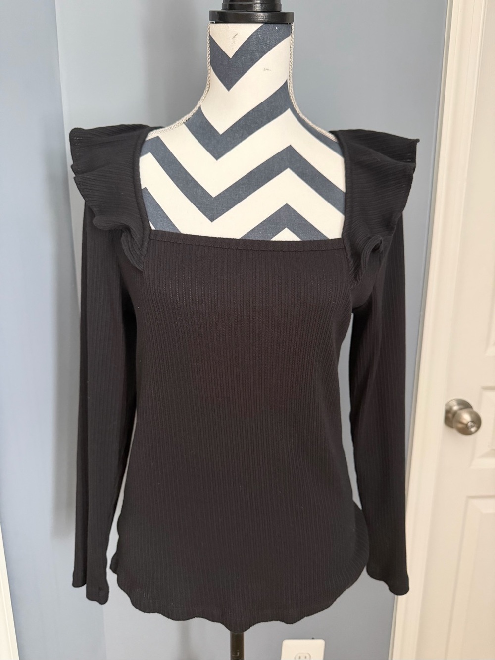 LOFT Black Ribbed Square-Neck Ruffle-Shoulder Long Sleeve Top